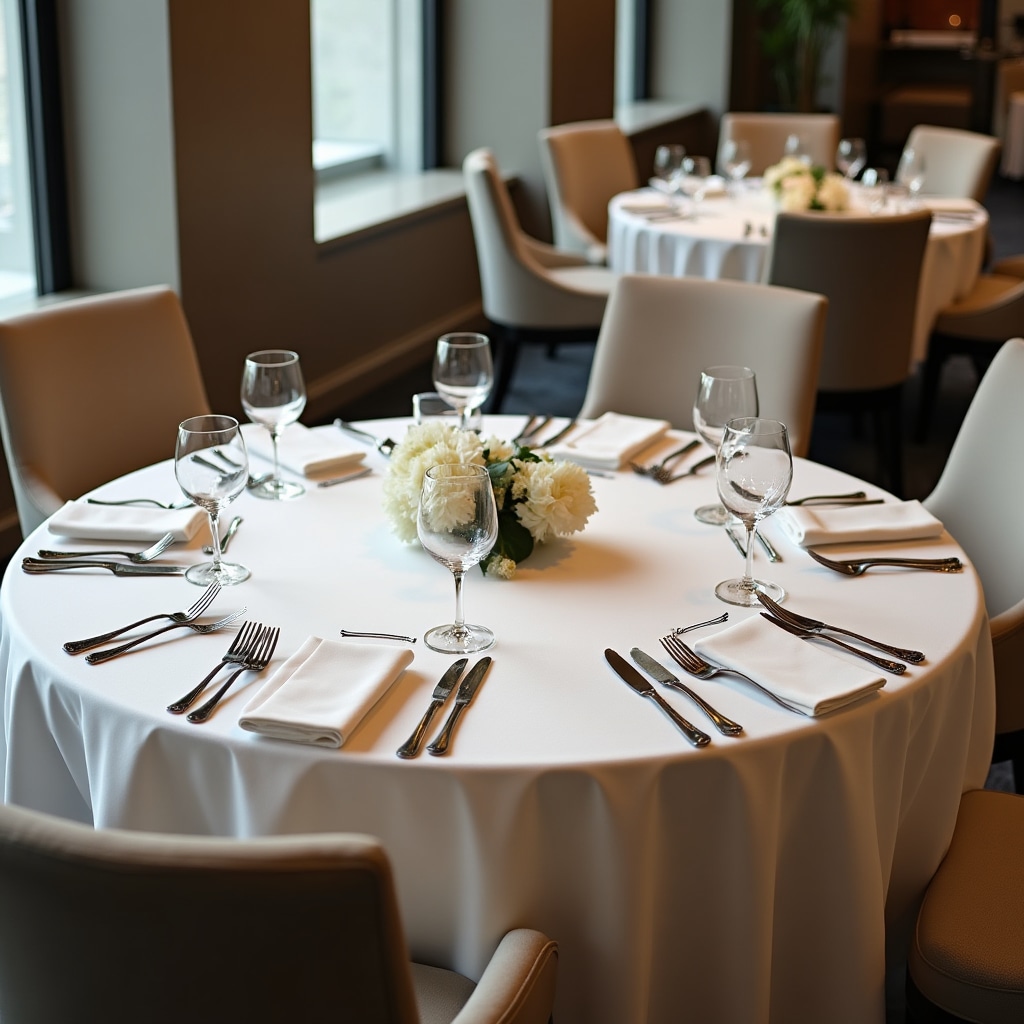 Formal business lunch setting with professional table arrangements