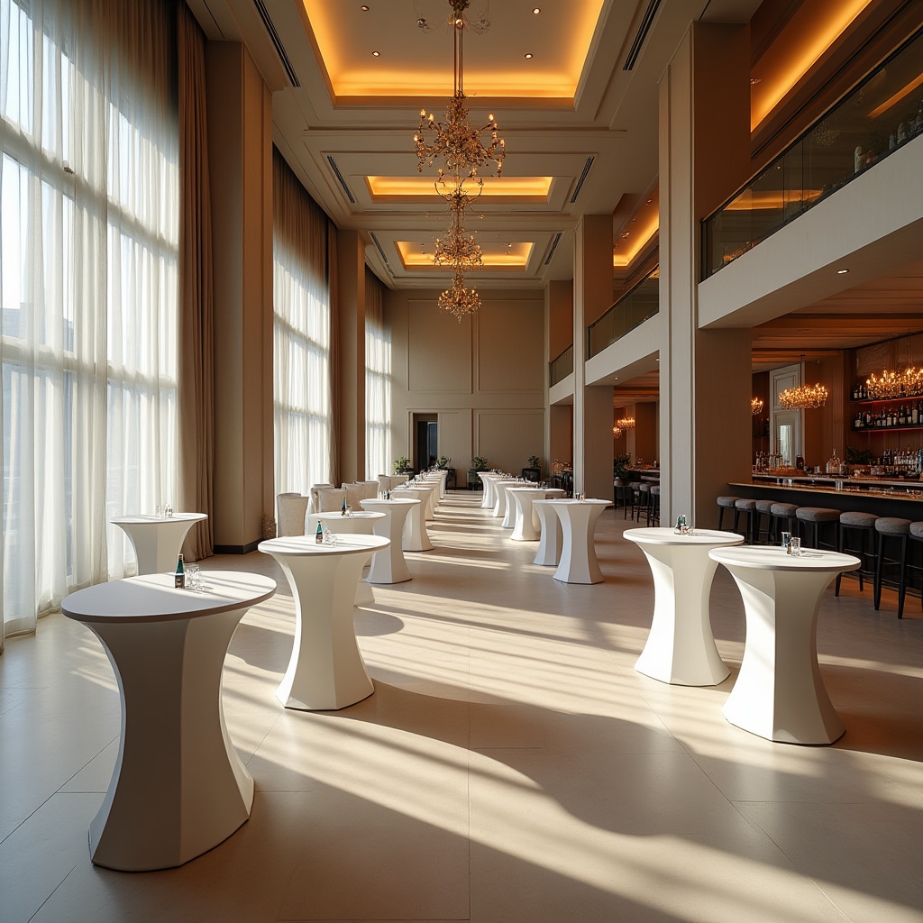 Elegant cocktail networking space with standing tables and ambient lighting