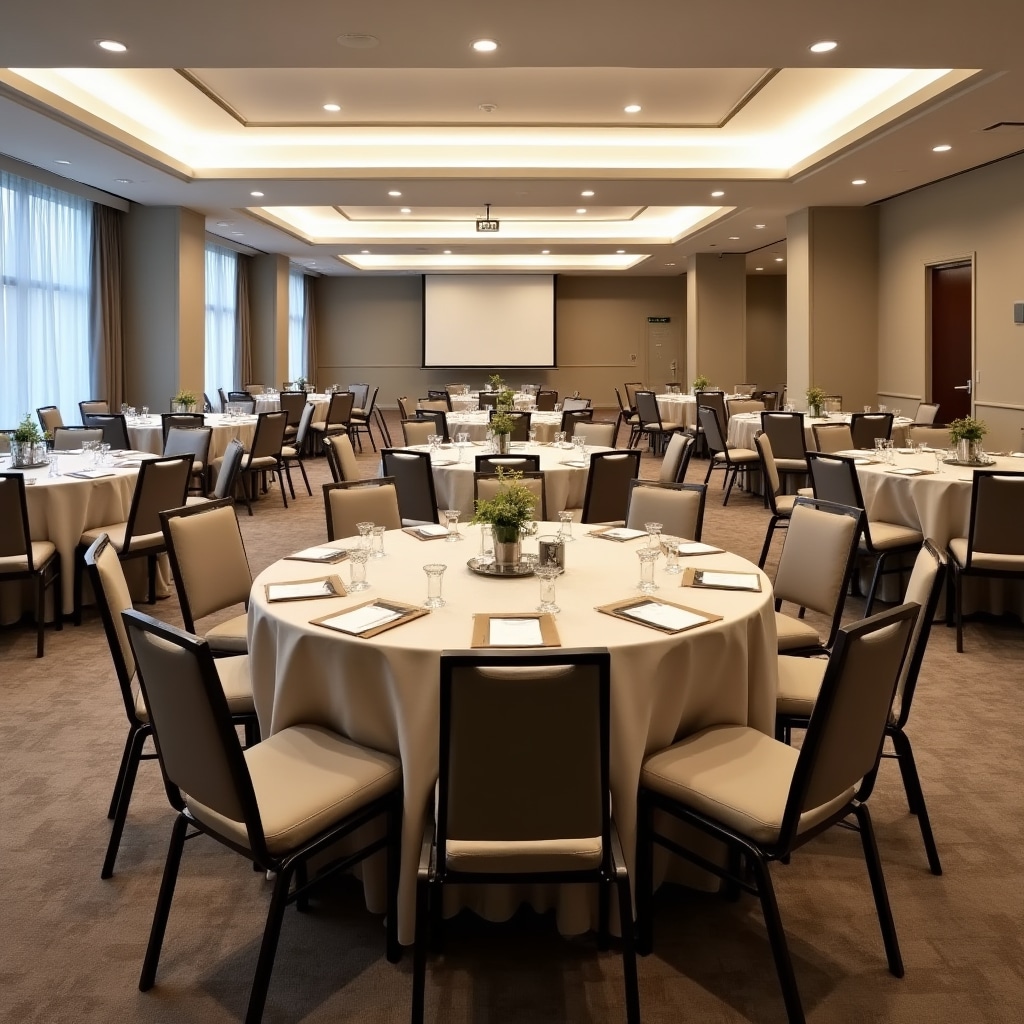 Professional conference room prepared for business mixer with round tables