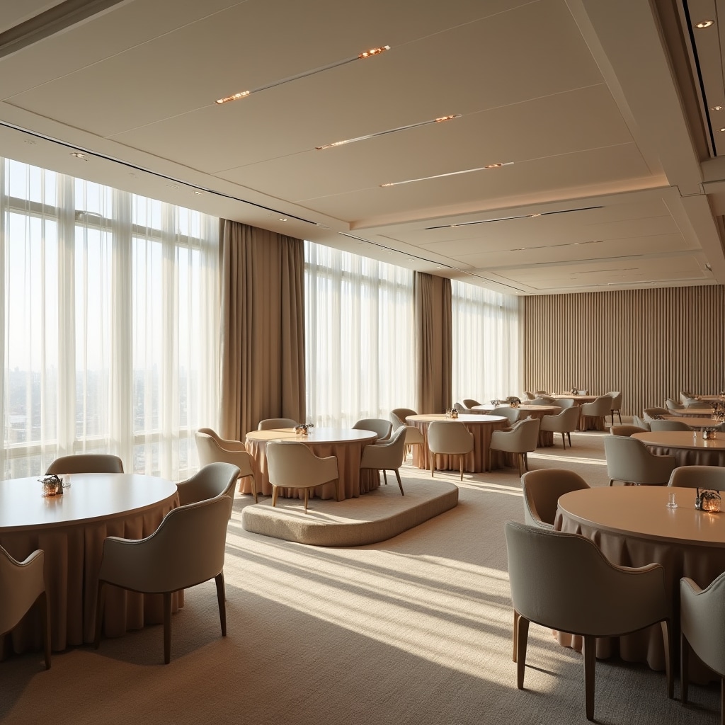 Modern hotel conference venue with sophisticated lighting and comfortable seating arrangements