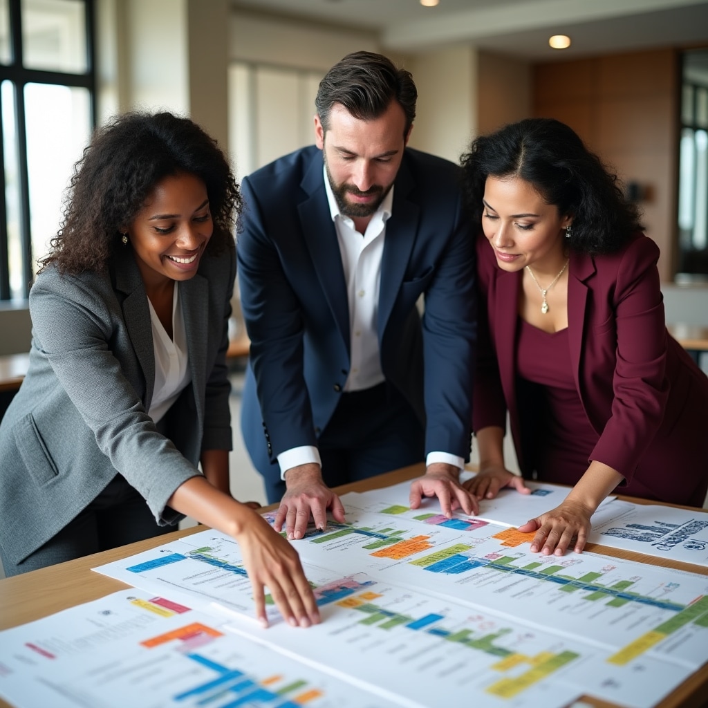 Team reviewing event programme timeline with activity cards and schedule blocks