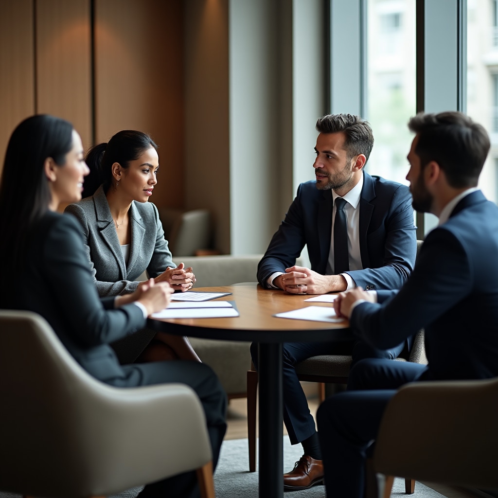Small group of business professionals engaged in focused discussion around table